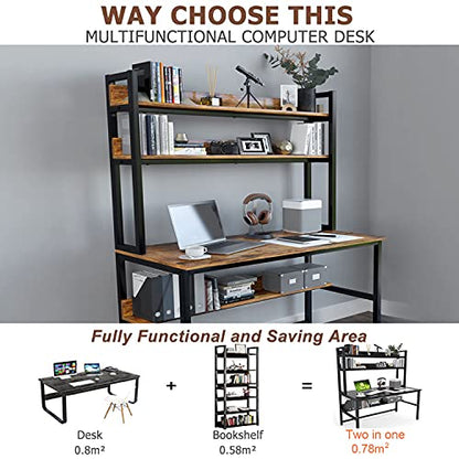 Computer Desk with Hutch, 47“W x 23.6" D Desk with Shelves, Tall Home Office Desk with Bookshelf, Metal Legs Study Table with Upper Storage Shelf for Study Writing/Workstation