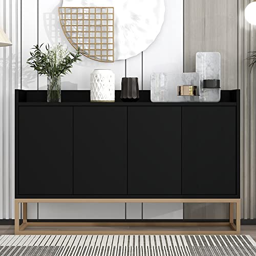 LUMISOL Modern Sideboard Storage Cabinet with Doors and Adjustable Shelves Wooden Kitchen Sideboard Buffet Cabinet with Metal Base and Fence Tabletop, Black