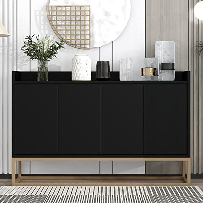 LUMISOL Modern Sideboard Storage Cabinet with Doors and Adjustable Shelves Wooden Kitchen Sideboard Buffet Cabinet with Metal Base and Fence Tabletop, Black