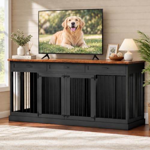 71" Double Dog Crate Furniture TV Stand with Removable Divider & 3 Drawers, view 2