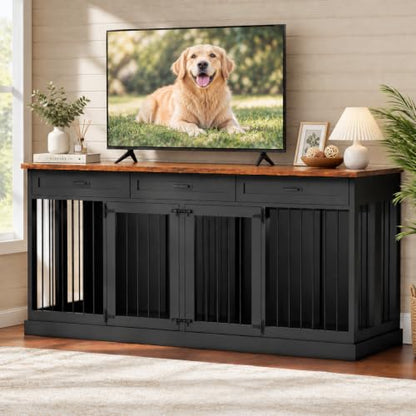 71" Double Dog Crate Furniture TV Stand with Removable Divider & 3 Drawers, view 2
