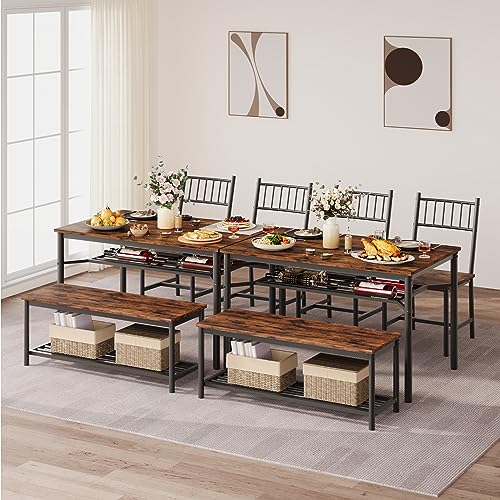 GAOMON Dining Table Set for 4, Kitchen Table and Chairs for 4 with Wine Rack, Dining Room Table Set with Bench, Rectangular Kitchen Table Set for Small Space, Apartment, Studio, Retro Brown