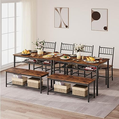 GAOMON Dining Table Set for 4, Kitchen Table and Chairs for 4 with Wine Rack, Dining Room Table Set with Bench, Rectangular Kitchen Table Set for Small Space, Apartment, Studio, Retro Brown