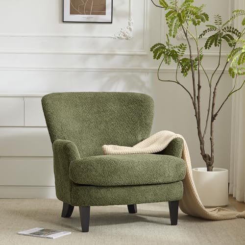 Colby Boucle Upholstered Club Chair, Living Room Accent Chair, Wooden Frame, Flared Armrest, Plush Thick Cushion, Reading Lounge Chair, Space-Saving Furniture, Olive Green