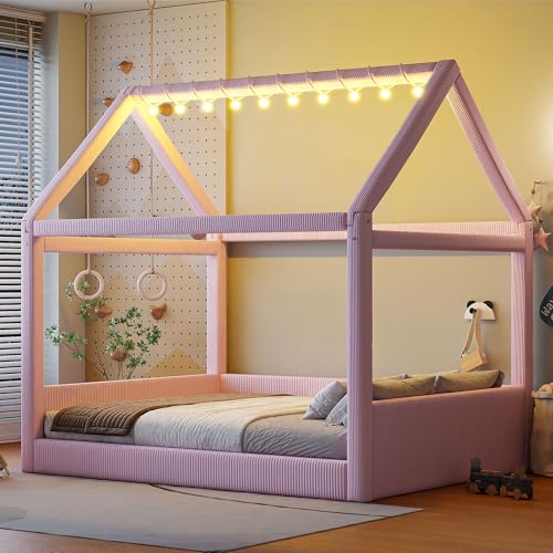 Pink, Full Size Upholstered House Daybed with LED Light Strips