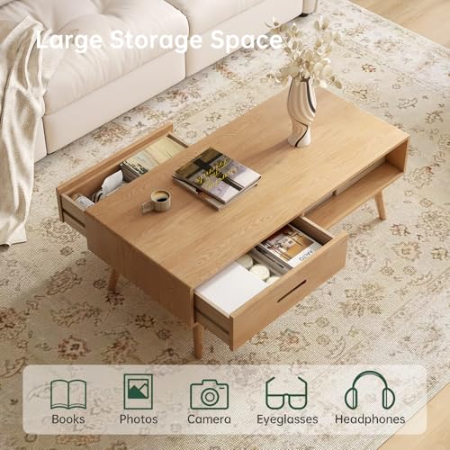 Fully-Assembled 100% Oak Wood Coffee Table with Storage for Living Room, view 7