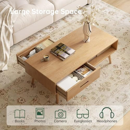 Fully-Assembled 100% Oak Wood Coffee Table with Storage for Living Room, view 7