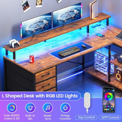 L Shaped Desk with 4 Drawers and Storage Shelves, L Shaped Gaming Desk with LED Lights & Power Outlets, Computer Desk with Shelves & Drawer, Corner Desk Home Office Desk, Rustic Brown