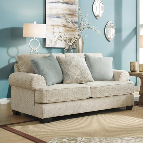 Signature Design by Ashley Monaghan Vintage Loveseat with Accent Pillows, Reversible Cushions and Rolled Arms, Beige