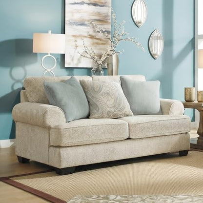 Signature Design by Ashley Monaghan Vintage Loveseat with Accent Pillows, Reversible Cushions and Rolled Arms, Beige