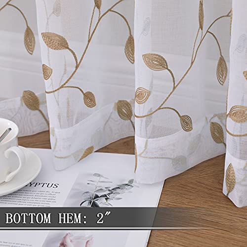 Tollpiz Leaves Sheer Curtain Taupe Leaf Embroidery Bedroom Curtains Rod Pocket Voile Faux Linen Embroidered Leaves Curtain for Living Room, 54 x 84 inches Long, Set of 2 Panels