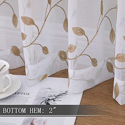Tollpiz Leaves Sheer Curtain Taupe Leaf Embroidery Bedroom Curtains Rod Pocket Voile Faux Linen Embroidered Leaves Curtain for Living Room, 54 x 84 inches Long, Set of 2 Panels