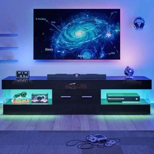 67" Modern TV Stand for 75 Inch TV, LED Entertainment Center, Black, view 2