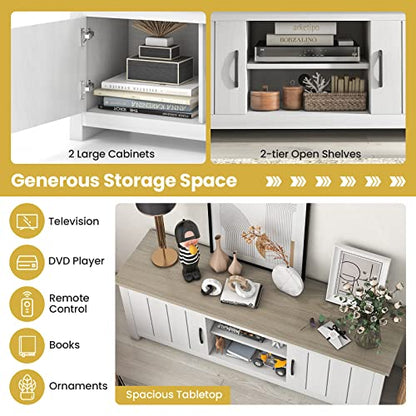 2 Doors TV Stand for TVs up to 65”, 57” Media Console Table w/ 2 Cabinets & Open Shelves, 2 Cable Management Holes. Wood Entertainment Center Cabinet for Living Room (White Oak)