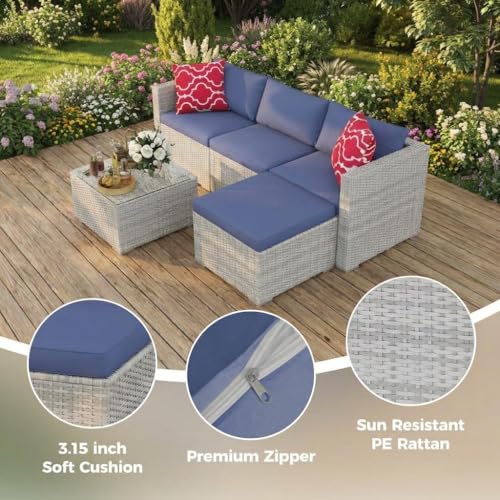 5-Piece Outdoor Sectional Sofa Set, Outdoor Patio Set Sectional Sofa, All-Weather PE Rattan Patio Furniture with Ottoman & Tempered Glass Table for Garden, Backyard, Porch, Poolside (Brown/Blue)