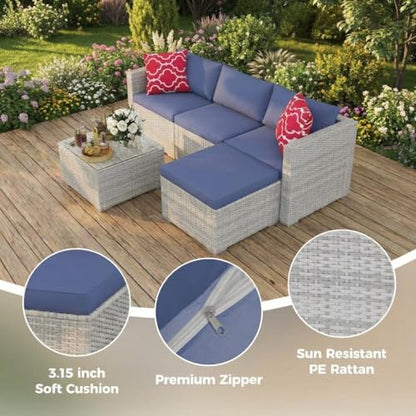 5-Piece Outdoor Sectional Sofa Set, Outdoor Patio Set Sectional Sofa, All-Weather PE Rattan Patio Furniture with Ottoman & Tempered Glass Table for Garden, Backyard, Porch, Poolside (Brown/Blue)