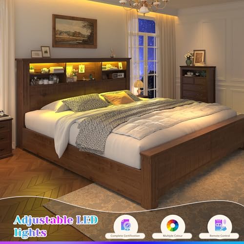 King Size Bed Frame and Headboard & Storage,4 Drawers,Brown, view 7