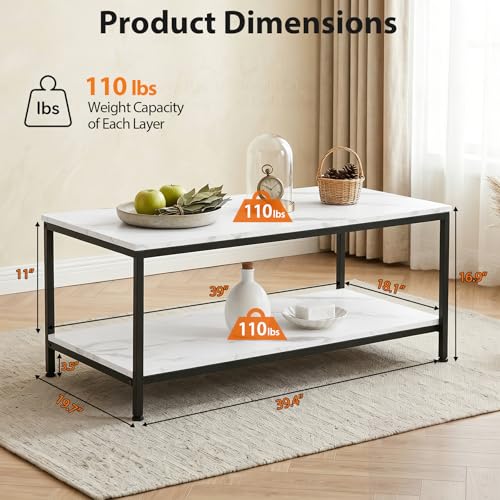 2-Tier Coffee Table with Storage Shelf for Small Apartment Living Room, Rectangle Wood and Stable Metal TV Stand Side End Table, White Marble