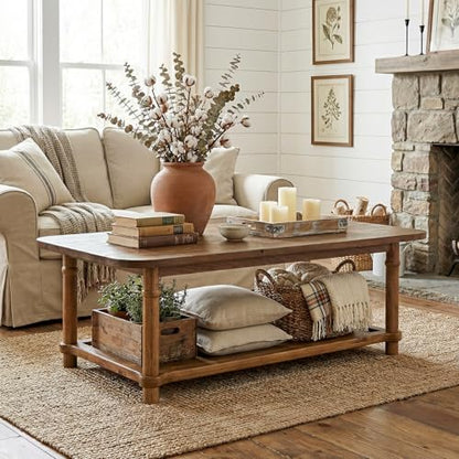 47" Rectangle Coffee Table, Solid Wood Center Table with 2-Tier Storage, Modern Farmhouse Coffee Furniture for Living Room, Home & Family Room, Natural Brown