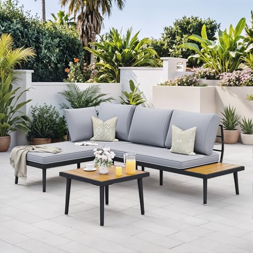 Outdoor Sectional Sofa Set L-Shaped Metal Patio Furniture with All-Weather Cushions and Built-in Side Coffee Table for Garden, Lawn, Backyard, Poolside, Gray