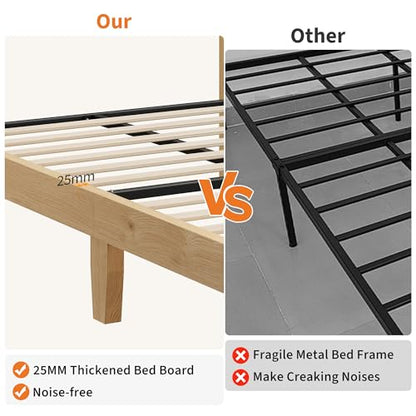 Wooden Rattan King Bed Frame with Headboard & LED Lights & Metal Slats, view 6