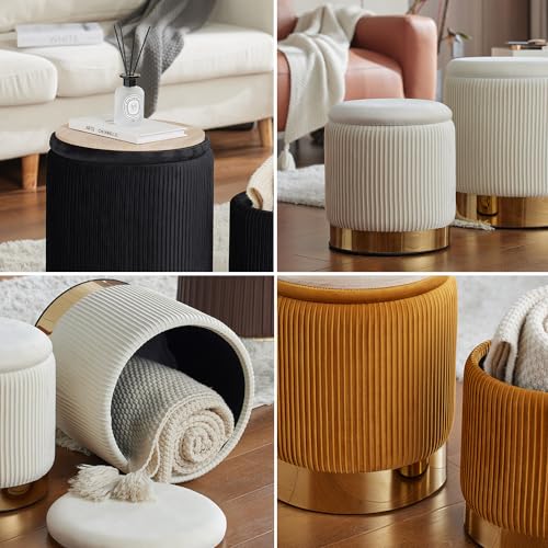 Round Ottoman with Storage Set of 2 Velvet Yellow Foot Stool for Living Room or Dorm, Vanity Stool Chair for Bedroom Small Ottoman Coffee Table, Removable Lid, Hallway, Assembly Free