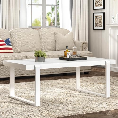 White Coffee Table, Modern Rustic Wood and Metal Center Table, Rectangle Cocktail Tea Table for Living Room, 47 Inch