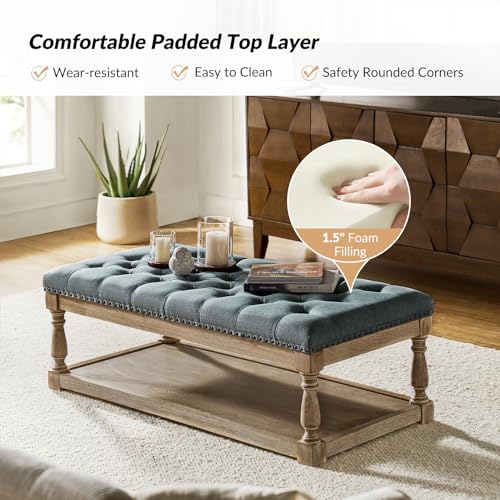 Storage Tufted Ottoman Coffee Table with Solid Wood Legs, Blue | with Tray & Shelf, Button Tufted Top Upholstered, Large Rectangle Cocktail Ottoman for Living Room Bedroom