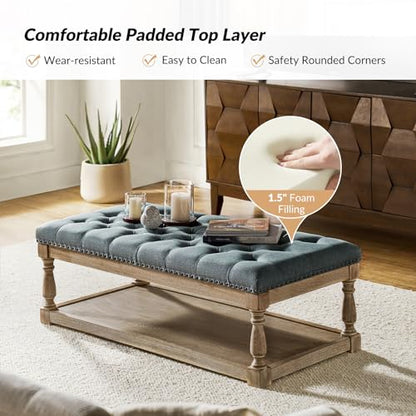 Storage Tufted Ottoman Coffee Table with Solid Wood Legs, Blue | with Tray & Shelf, Button Tufted Top Upholstered, Large Rectangle Cocktail Ottoman for Living Room Bedroom