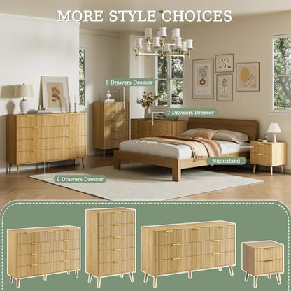 Fluted Dresser and Nightstand Sets 4 Piece, 2-Drawer Nightstands and 5/7 Drawers Dresser, Wood Bedroom Furniture Set for Home, Bedroom, Hallway, Oak