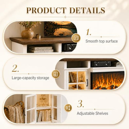 70" Fireplace TV Stand, Farmhouse TV Stand for TVs up to 80” with LED Lights, view 7
