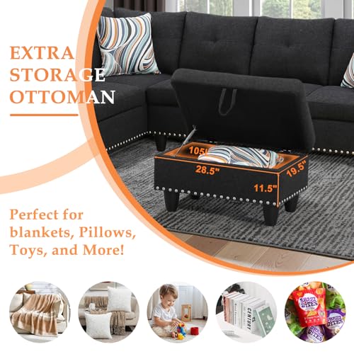 Sectional Sofa Couch, Modern 4-Seaters Living Room Furniture Sets with Chaise Lounge, Ottoman & 2 Pillows | L Shape Couch | Cup Holder | Linen Fabric, Charcoal Gray