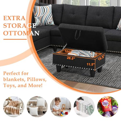 Sectional Sofa Couch, Modern 4-Seaters Living Room Furniture Sets with Chaise Lounge, Ottoman & 2 Pillows | L Shape Couch | Cup Holder | Linen Fabric, Charcoal Gray