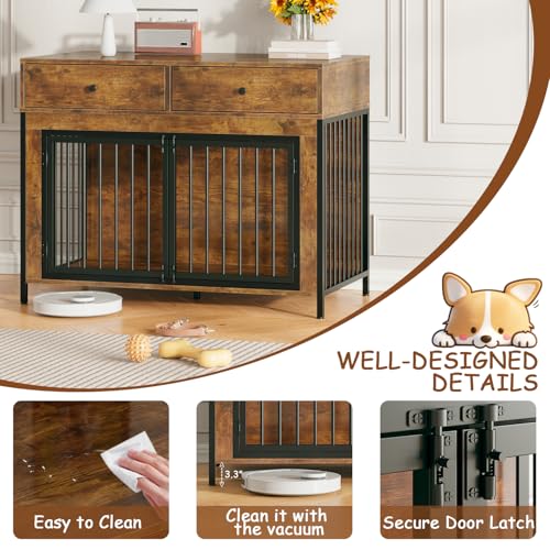 Large Dog Crate Furniture with 2 Drawers, 44 Inch Wooden Dog Kennel Indoor, view 7