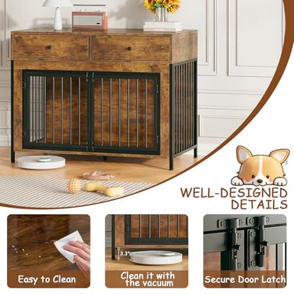 Large Dog Crate Furniture with 2 Drawers, 44 Inch Wooden Dog Kennel Indoor, view 7