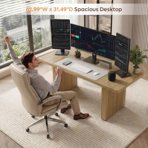 63 Inch Wood Executive Desk, Fluted Office Desk Natural Oak, view 4