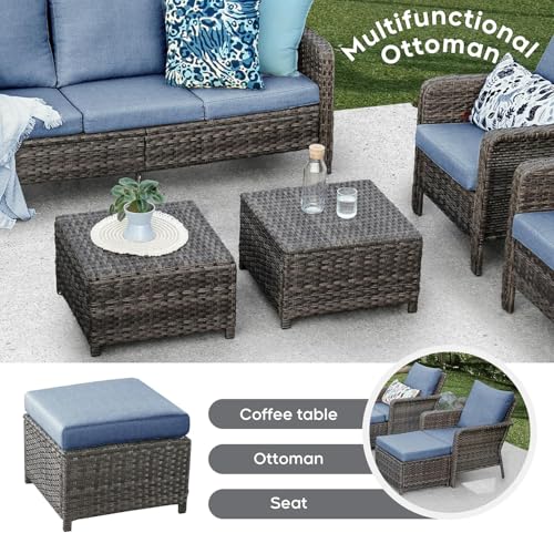 7 Seats Outdoor Patio Furniture Set with 44" Gas Fire Pit Table, Wicker Swivel Rocking Chairs Conversation Sets with Cushion, High Back Sectional Sofa with Gilder Chair for Yard Garden Porch, Blue