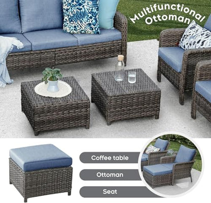 7 Seats Outdoor Patio Furniture Set with 44" Gas Fire Pit Table, Wicker Swivel Rocking Chairs Conversation Sets with Cushion, High Back Sectional Sofa with Gilder Chair for Yard Garden Porch, Blue