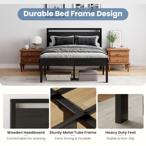 14 Inch Queen Bed Frame with Wood Headboard, Black, view 5