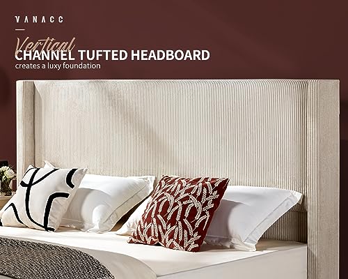 Queen Size Platform Bed Frame, 50.8" Corduroy Upholstered Bed with Vertical Channel Tufted Headboard/Wooden Slats/Wingback/No Box Spring Required/Beige