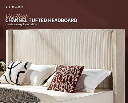Queen Size Platform Bed Frame, 50.8" Corduroy Upholstered Bed with Vertical Channel Tufted Headboard/Wooden Slats/Wingback/No Box Spring Required/Beige