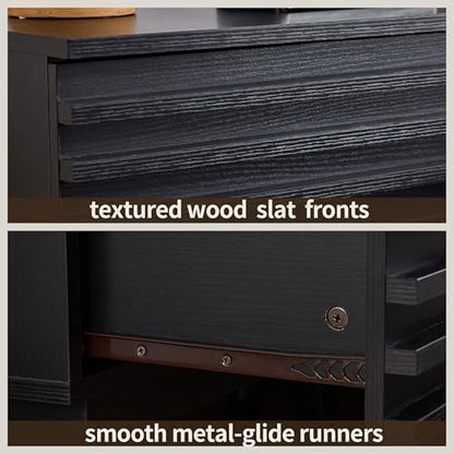 Wood Black 6 Drawer Dresser, Modern Wood Slat Double Dresser for Bedroom, view 7