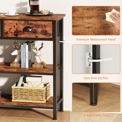 47" Console Table with 3 Drawers, 3-Tier Sofa Table for Behind Couch with Open Wooden Shelves, Industrial Display Shelf for Hallway,Entry Way, Living Room, Kitchen, Foyer, Rustic Brown