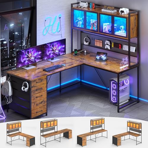 L Shaped Gaming Corner Desk with Drawers, Hutch and Storage Shelves, view 2