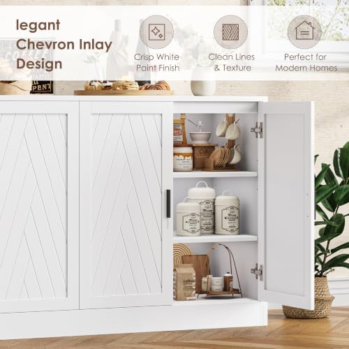 71" White Buffet Cabinet, 5 Chevron Door Modern Farmhouse Coffee Bar, view 6