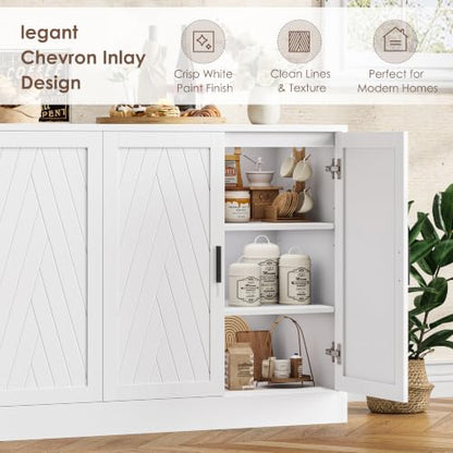 71" White Buffet Cabinet, 5 Chevron Door Modern Farmhouse Coffee Bar, view 6