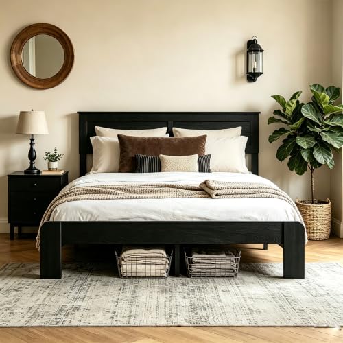 Queen Farmhouse Wood Bed Frame with Headboard and Footboard Black, view 2