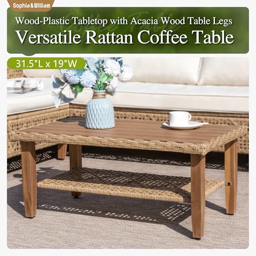 Boho Rattan Patio Sectional Set with Thick Cushions & Coffee Table – Balcony, Backyard & Poolside Outdoor Furniture (Beige)