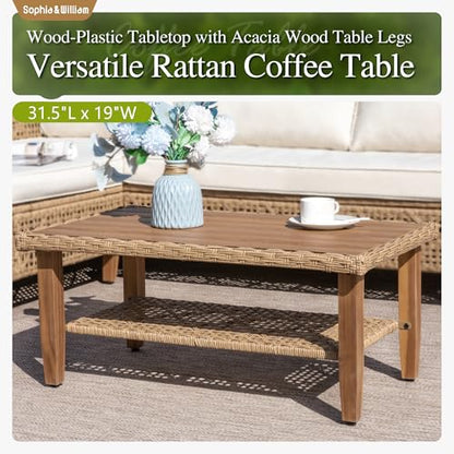 Boho Rattan Patio Sectional Set with Thick Cushions & Coffee Table – Balcony, Backyard & Poolside Outdoor Furniture (Beige)