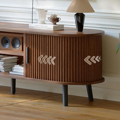 Mid Century Modern TV Stand for TVs up to 60 Inch, Entertainment Center with Fluted Sliding Doors and Hidden Storage, TV Console with Adjustable Shelf for Living Room, Bedroom, Walnut